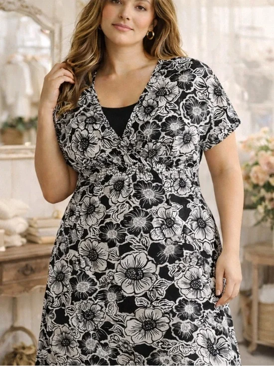 White Stag Black White Floral Wrap Dress XL 16/18 V-Neck Empire Waist - Picture 2 of 16